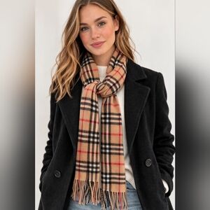 Authentic Burberry London 100% Cashmere Nova Checkered Scarf in Tan, Red, Black